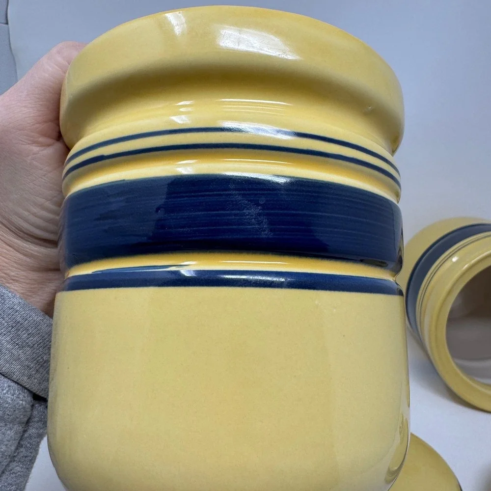 Gibson Yellow Blue Stripe Ceramic Canister Set Lidded Kitchen Storage Grannycore